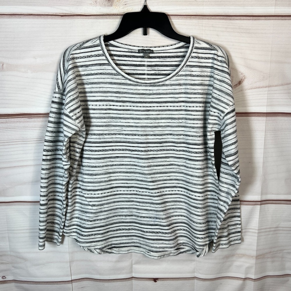 T‎ By Talbots Top Womens Medium Black Striped T-Shirt Long Sleeve Cotton Blend